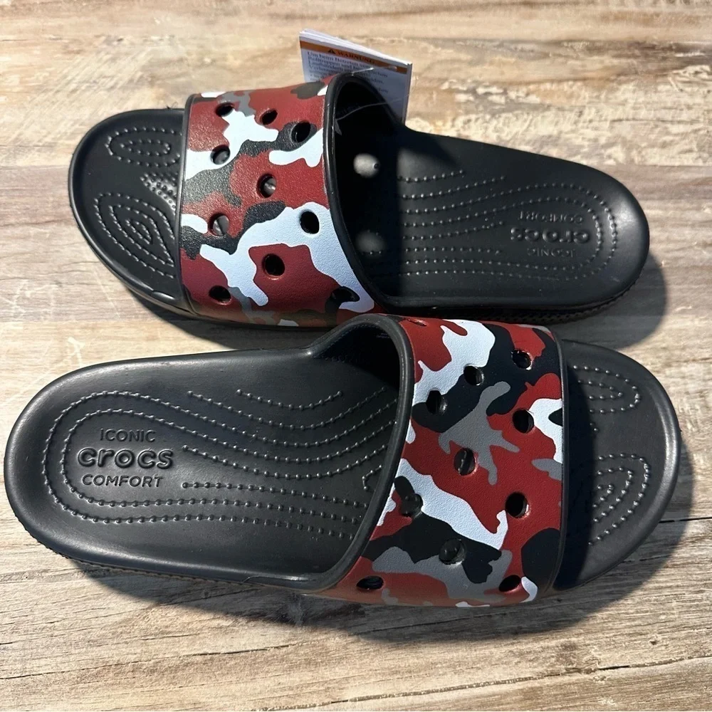 Crocs Unisex Camo Slides Size M 8 W 10 Red Black Grey White Summer Wear NWT